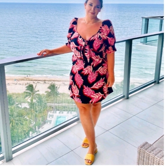 Who What Wear Pink/Black Sereghetti Palm Linen-Blend Mini-Dress Size XS - Picture 4 of 9